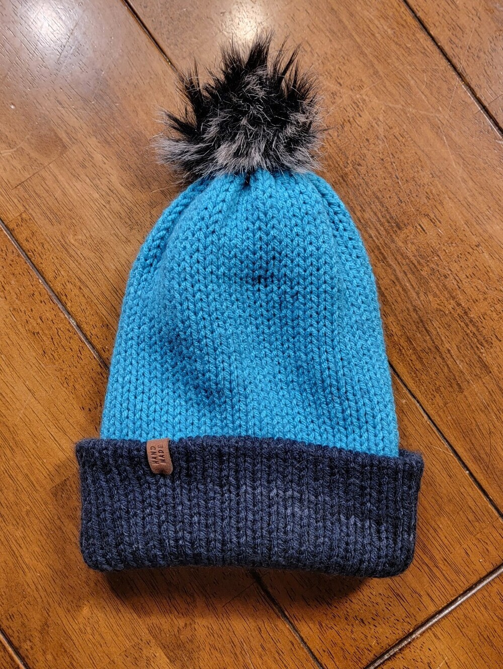 Handmade Wool Blend Reversible Winter Hat Unisex Adult Pom Pom Blue Gray Purple
